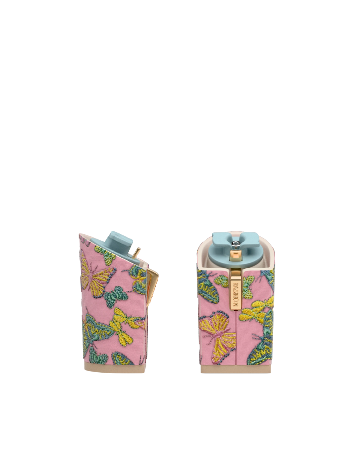 Block Heel Kit 4 Pink Butterfly Embroidery, 4-inch interchangeable block heel. Pashion convertible heels go from heel to flat and are customizable with interchangeable heel kits.