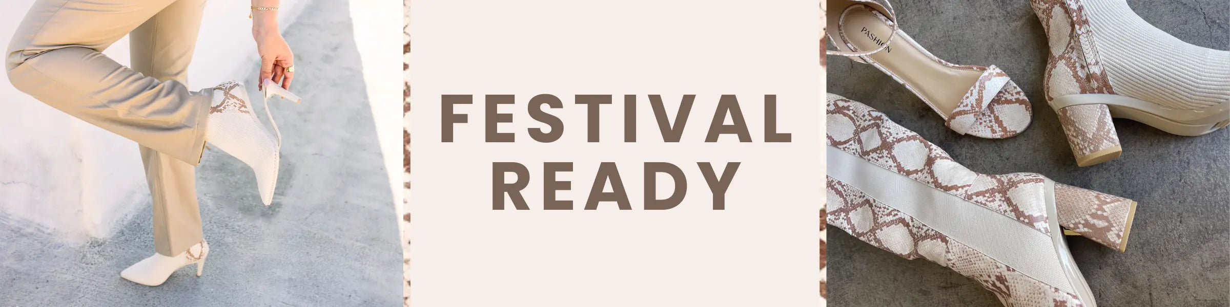 Promotional image with text 'Festival Ready' featuring shoes and legs on a neutral background.