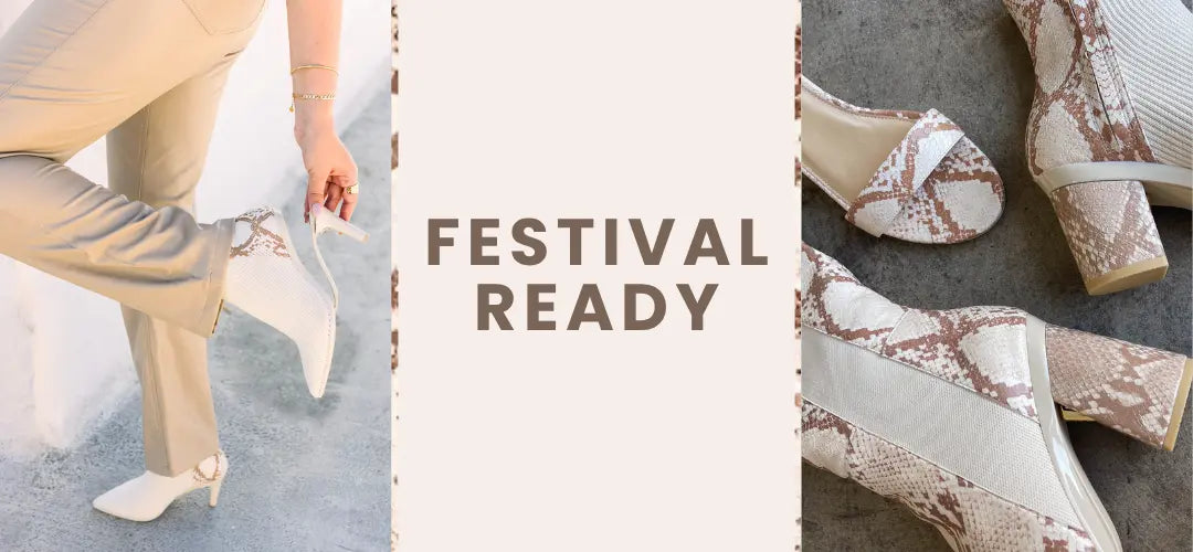 Pair of beige high-heeled shoes worn by a person, with 'Festival Ready' text and additional shoe details.