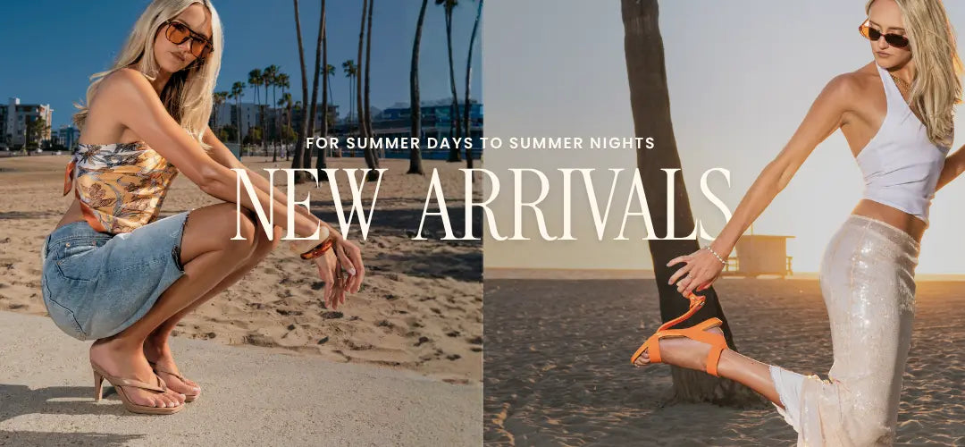 Promotional banner for new arrivals with people on a beach wearing convertible sandals and text overlay.