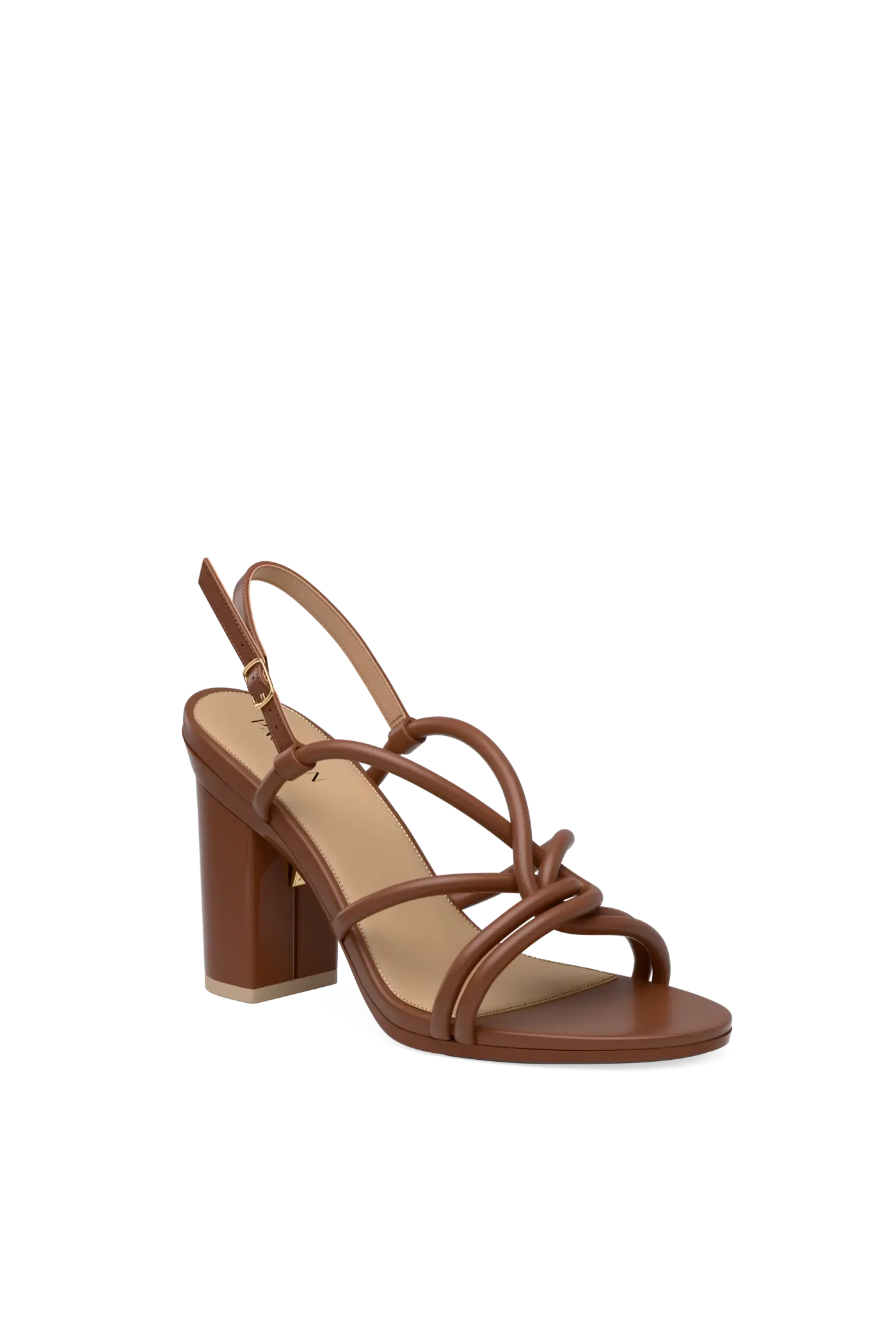 brown open toe strappy block heel sandal that is convertible