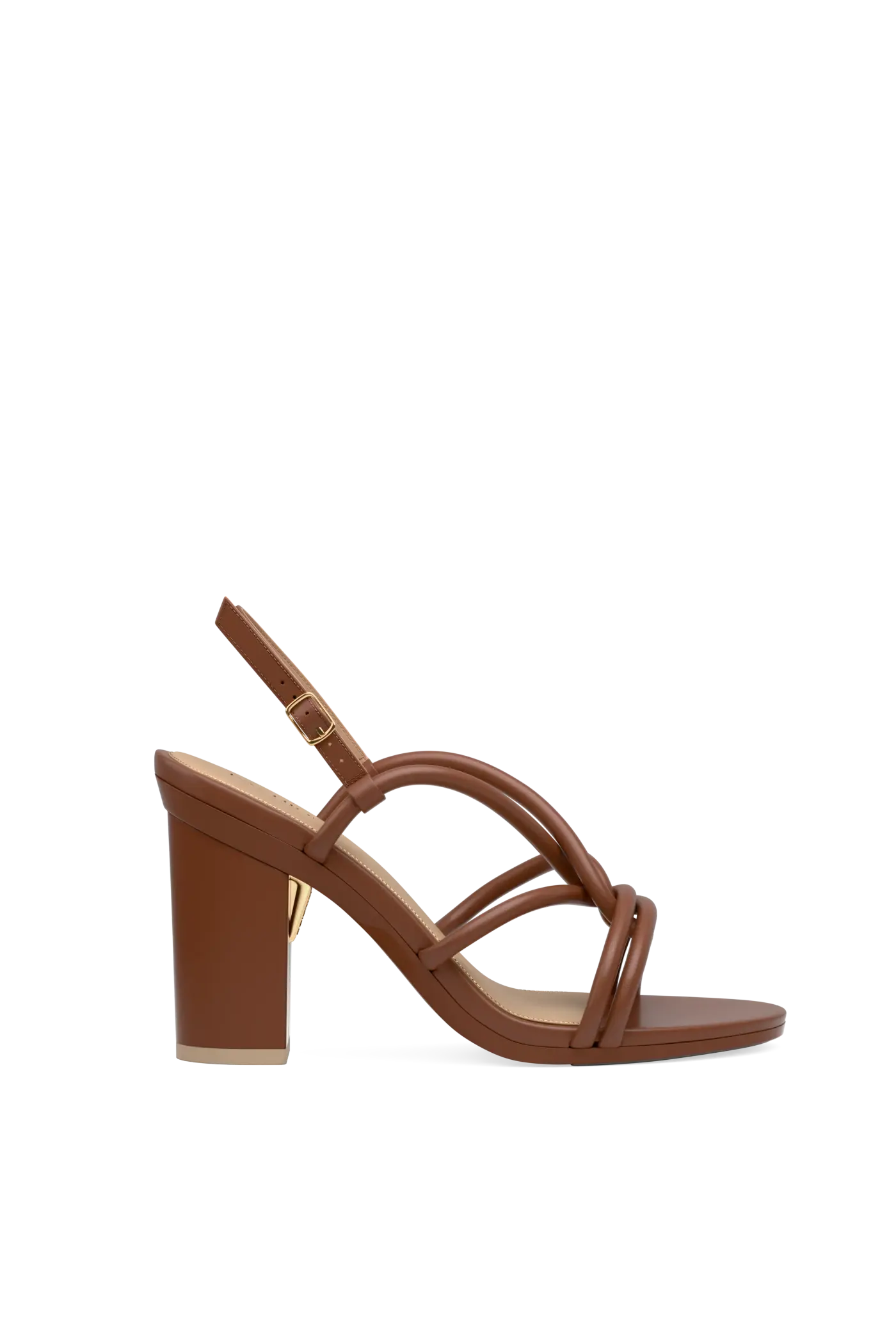 brown open toe strappy block heel sandal that is convertible