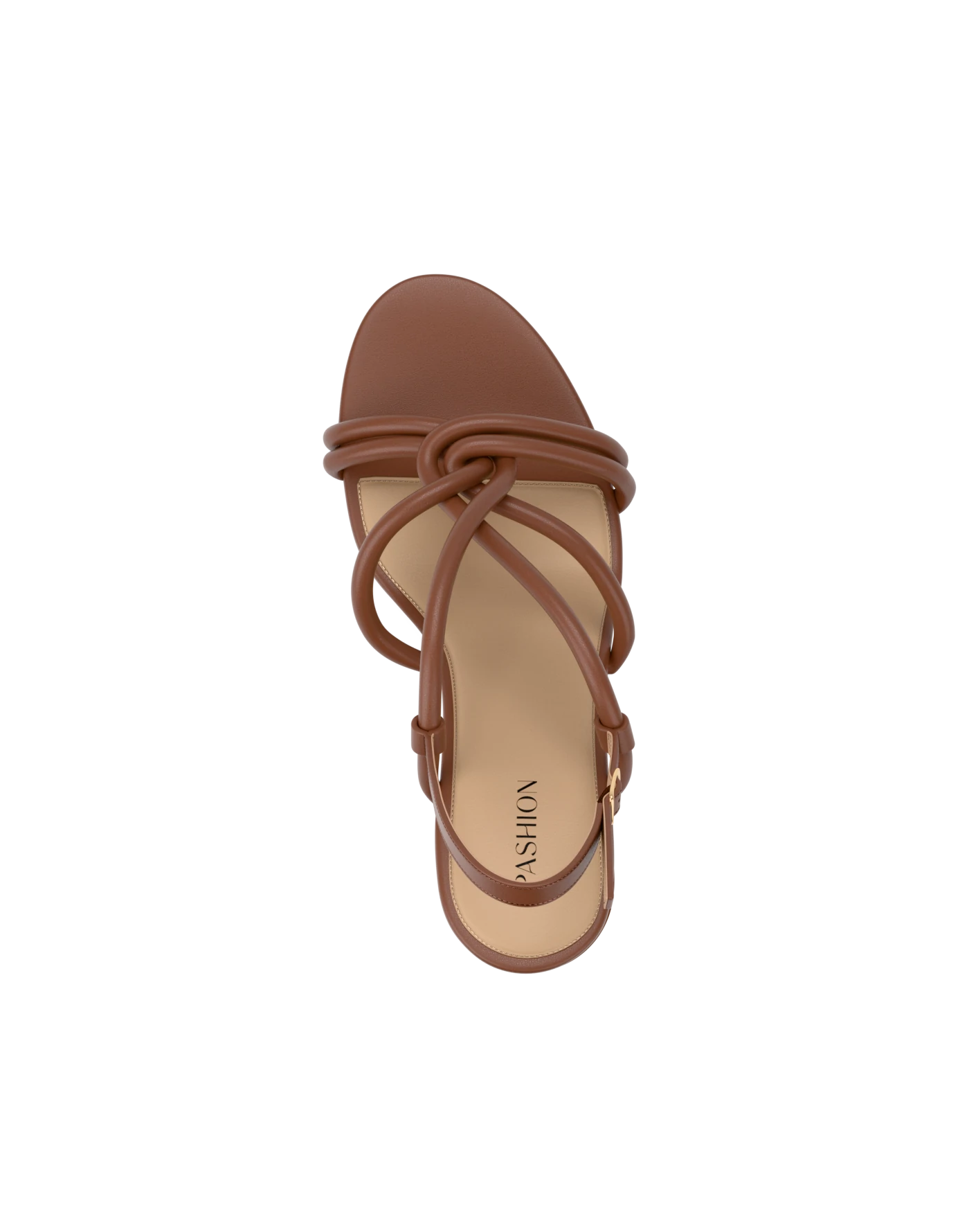 top view of brown open toe strappy flat sandal that is convertible