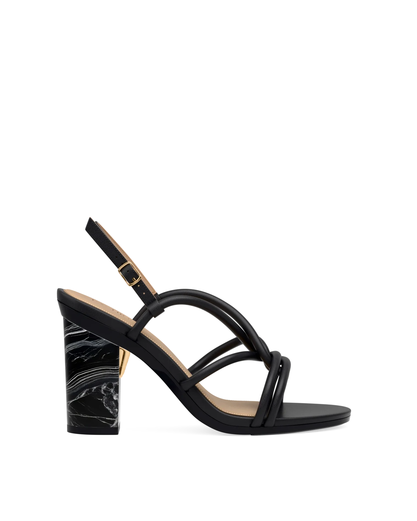 Block Heel Kit 4 Coal Marble shown on the Capri Coal Vegan Leather upper. Pashion convertible heels go from heel to flat and are customizable with interchangeable heel kits.