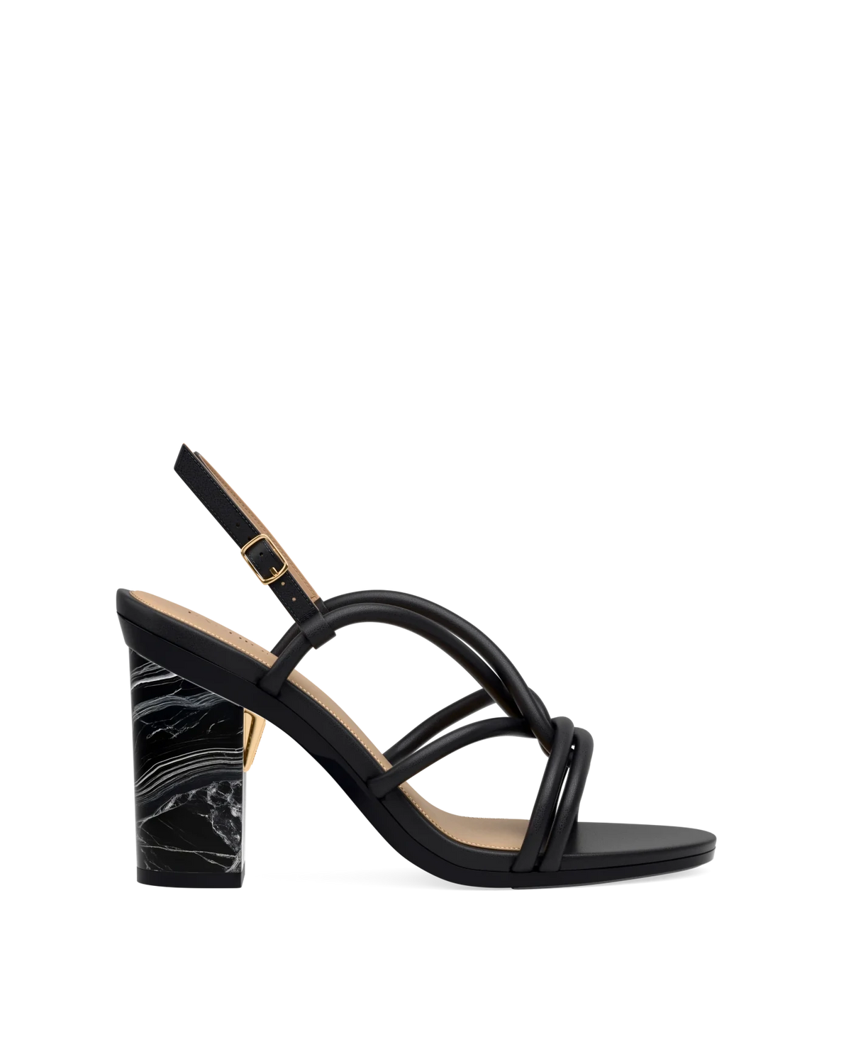 Block Heel Kit 4 Coal Marble shown on the Capri Coal Vegan Leather upper. Pashion convertible heels go from heel to flat and are customizable with interchangeable heel kits.