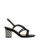 Cylinder Block Heel Kit 3 Checker Coal & Ivory shown on the Capri Coal Vegan Leather upper. Pashion convertible heels go from heel to flat and are customizable with interchangeable heel kits.
