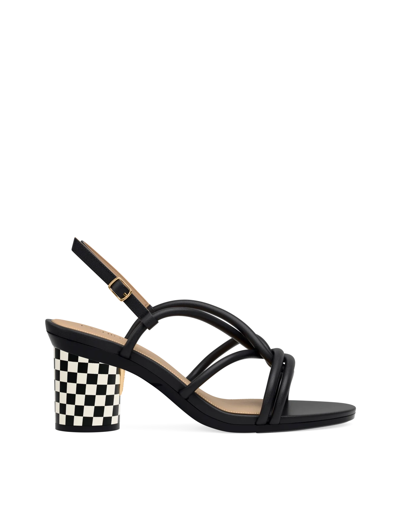 Cylinder Block Heel Kit 3 Checker Coal & Ivory shown on the Capri Coal Vegan Leather upper. Pashion convertible heels go from heel to flat and are customizable with interchangeable heel kits.