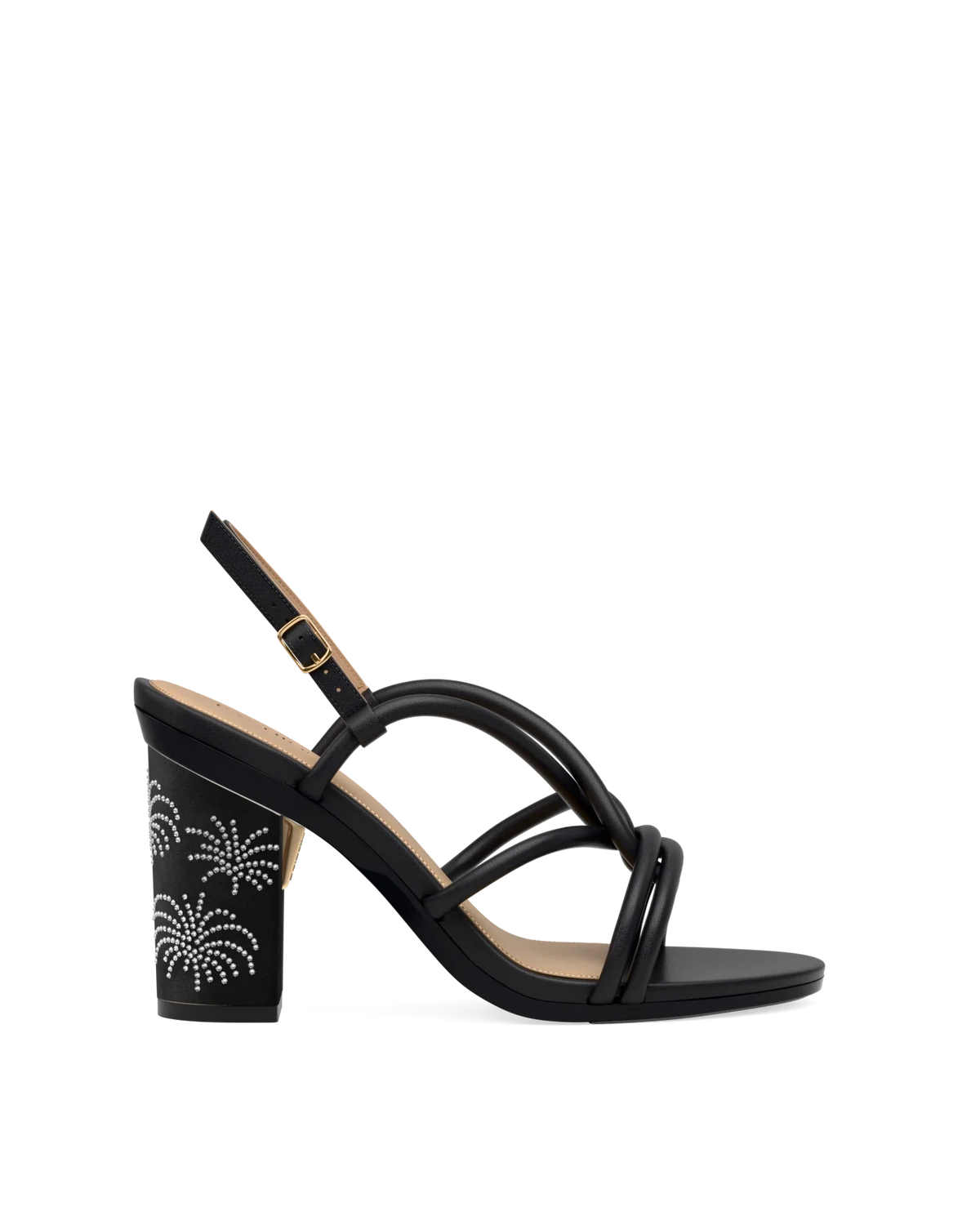 Block Heel Kit 4 Firework Rhinestone shown on the Capri Coal Vegan Leather upper. Pashion convertible heels go from heel to flat and are customizable with interchangeable heel kits.