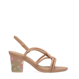 Block Heel Kit 3 Latte Daisy Embroidery shown on the Capri Latte Vegan Leather upper. Pashion convertible heels go from heel to flat and are customizable with interchangeable heel kits.
