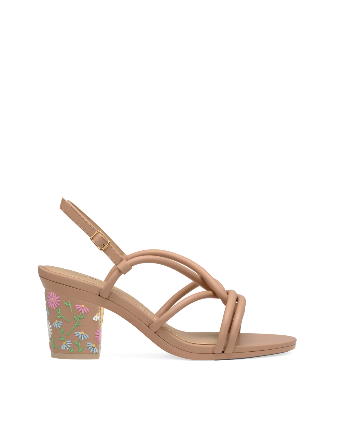 Block Heel Kit 3 Latte Daisy Embroidery shown on the Capri Latte Vegan Leather upper. Pashion convertible heels go from heel to flat and are customizable with interchangeable heel kits.