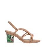 Block Heel Kit 3 Tropical Print shown on the Capri Latte Vegan Leather upper. Pashion convertible heels go from heel to flat and are customizable with interchangeable heel kits.