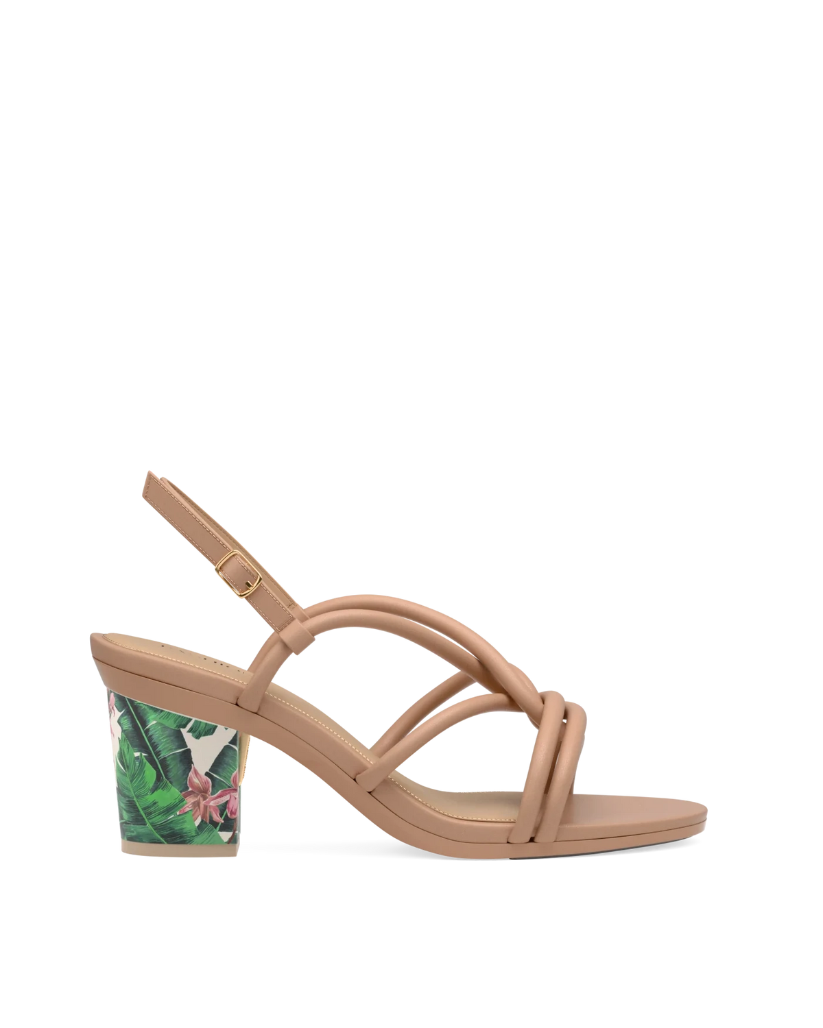 Block Heel Kit 3 Tropical Print shown on the Capri Latte Vegan Leather upper. Pashion convertible heels go from heel to flat and are customizable with interchangeable heel kits.