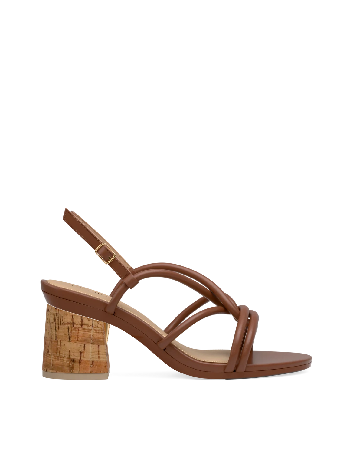 Flare Block Heel Kit 3 Cork shown on the Capri Walnut Vegan Leather upper. Pashion convertible heels go from heel to flat and are customizable with interchangeable heel kits.