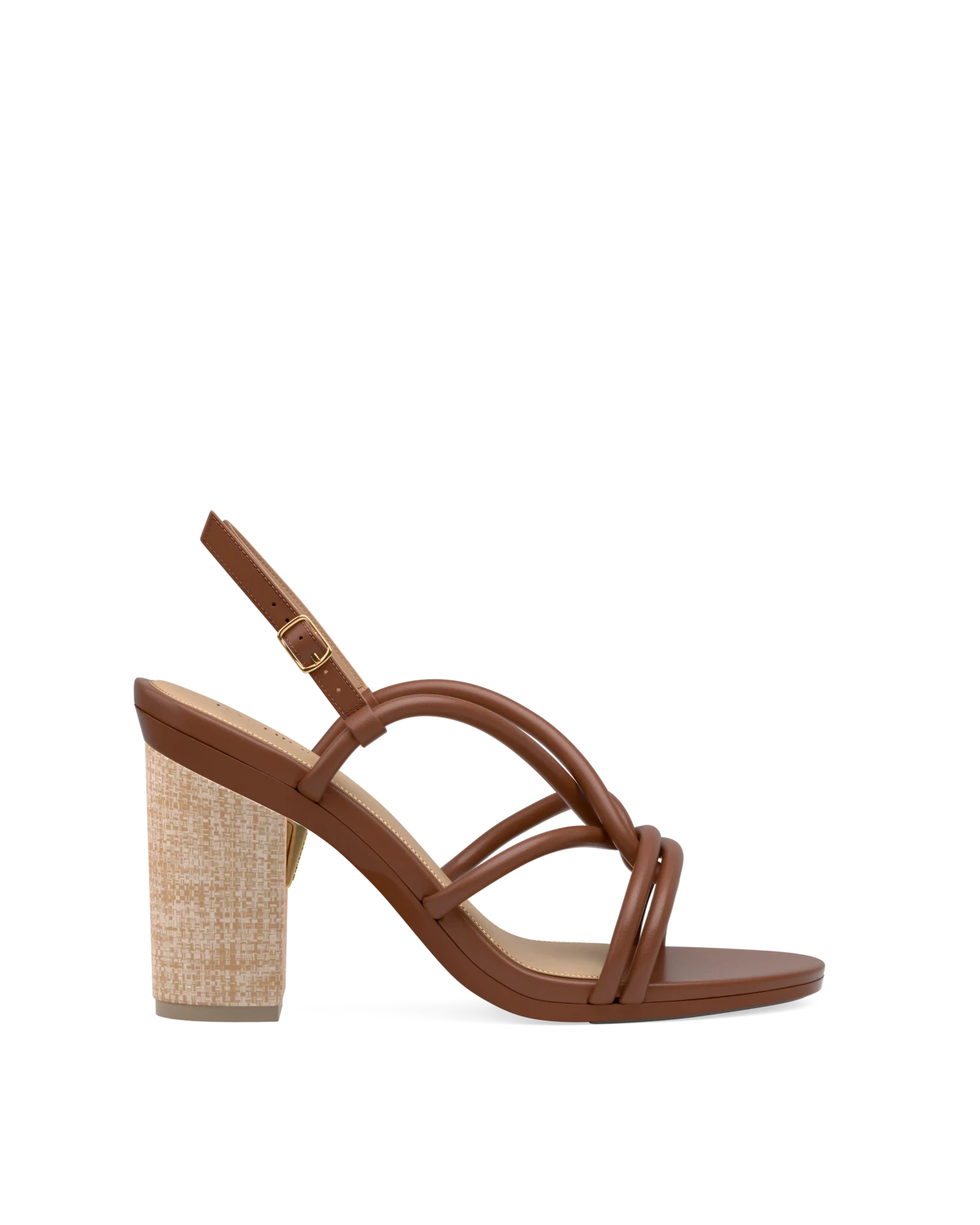 4 Inch Block Heel Kit Raffia shown on the Capri Walnut Vegan Leather upper. Pashion convertible heels go from heel to flat and are customizable with interchangeable heel kits.