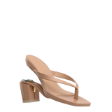 tan open toe thong style high heel convertible sandal with block heel