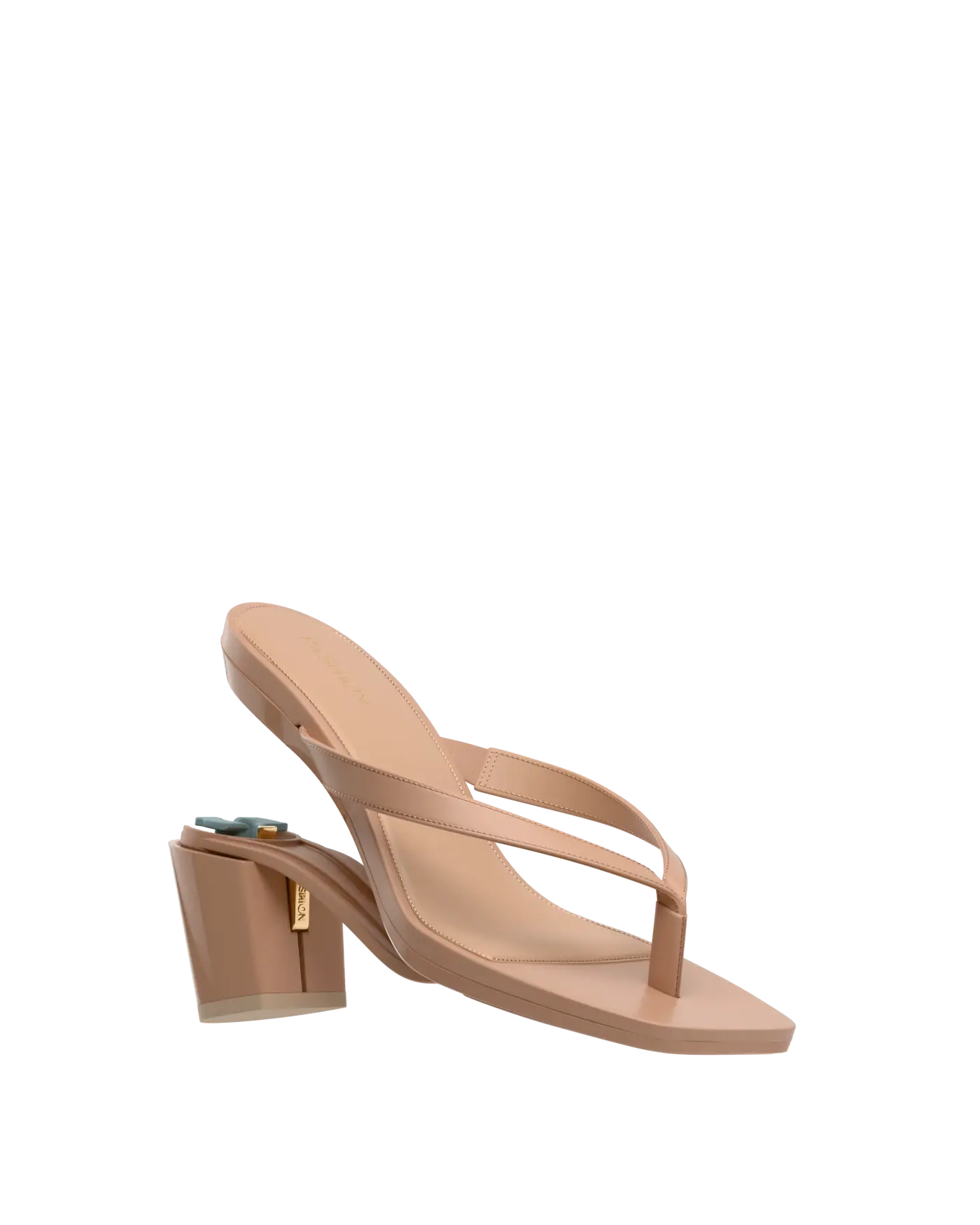 tan open toe thong style high heel convertible sandal with block heel