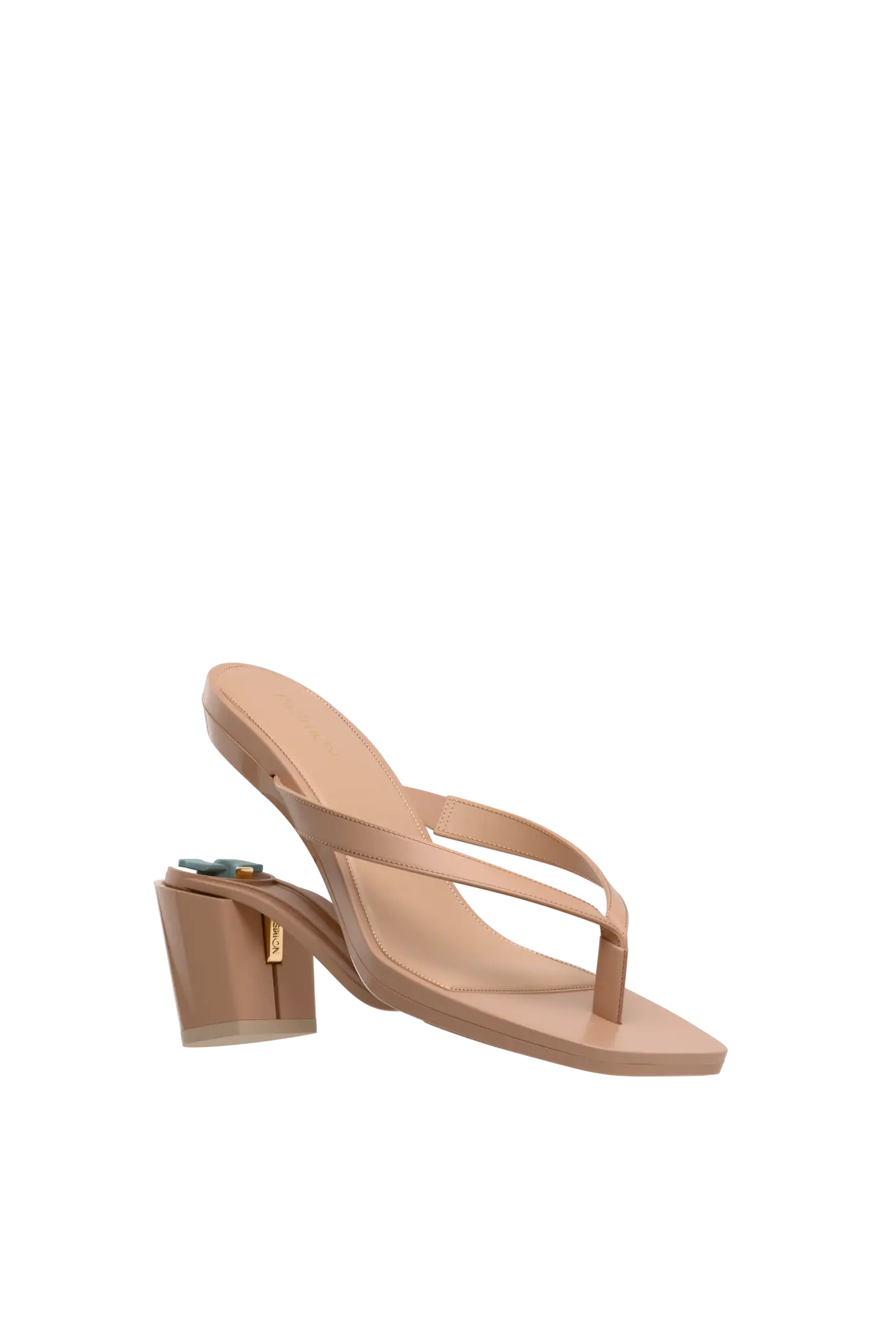 tan open toe thong style high heel convertible sandal with block heel