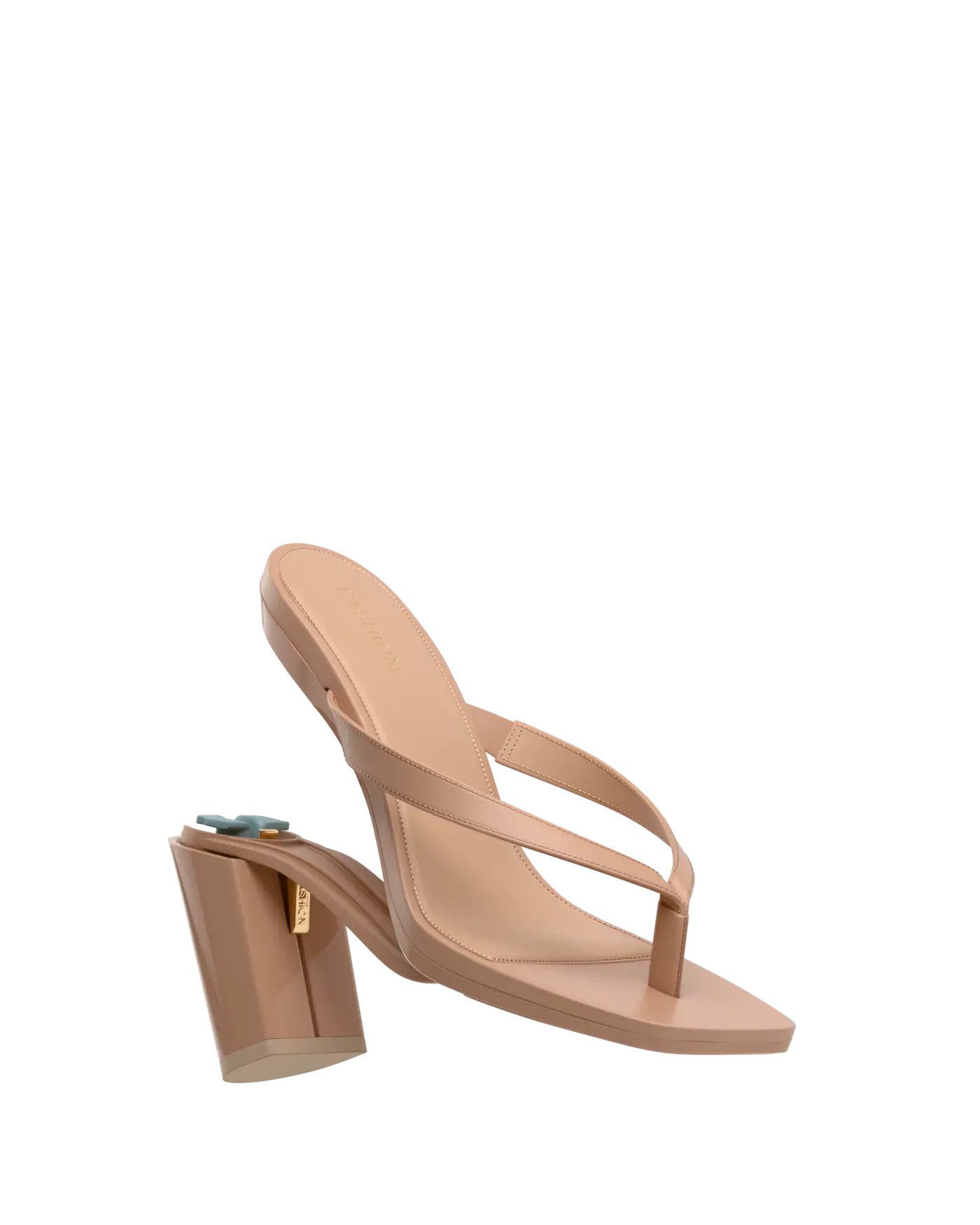 tan open toe thong style high heel convertible sandal with block heel