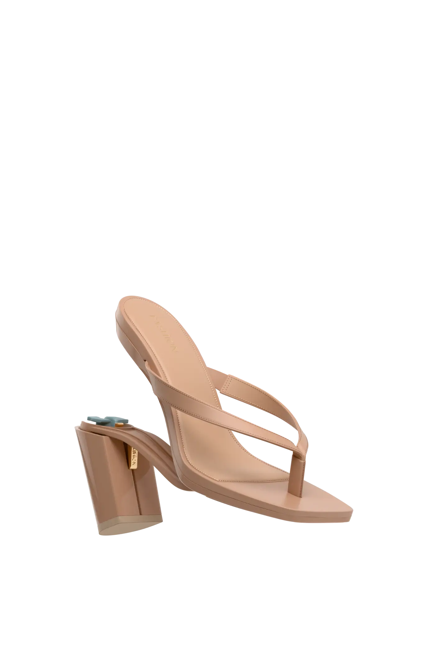 tan open toe thong style high heel convertible sandal with block heel