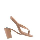 tan open toe thong style high heel sandal with block heel