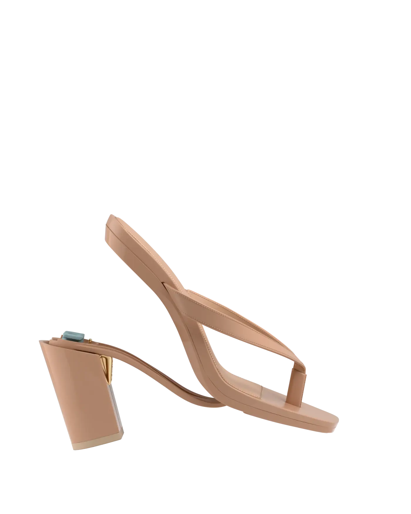 tan open toe thong style high heel sandal with block heel
