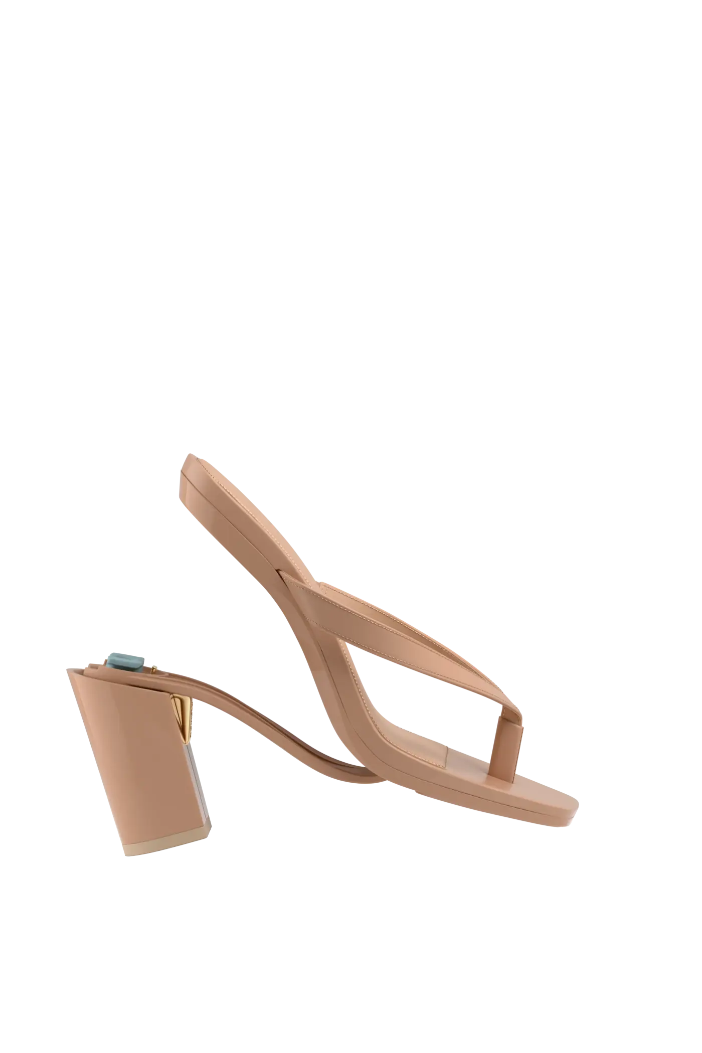 tan open toe thong style high heel sandal with block heel