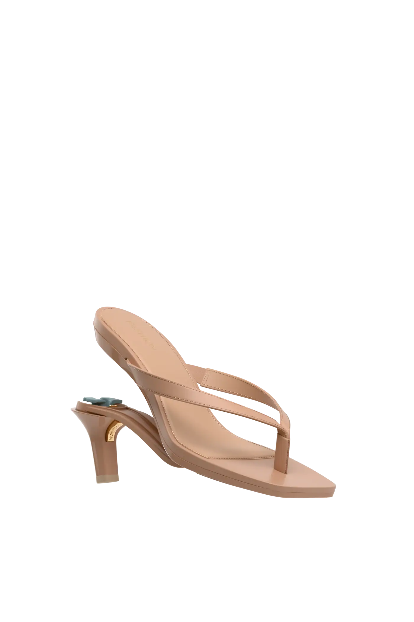 tan open toe thong style high heel convertible sandal with stiletto heel