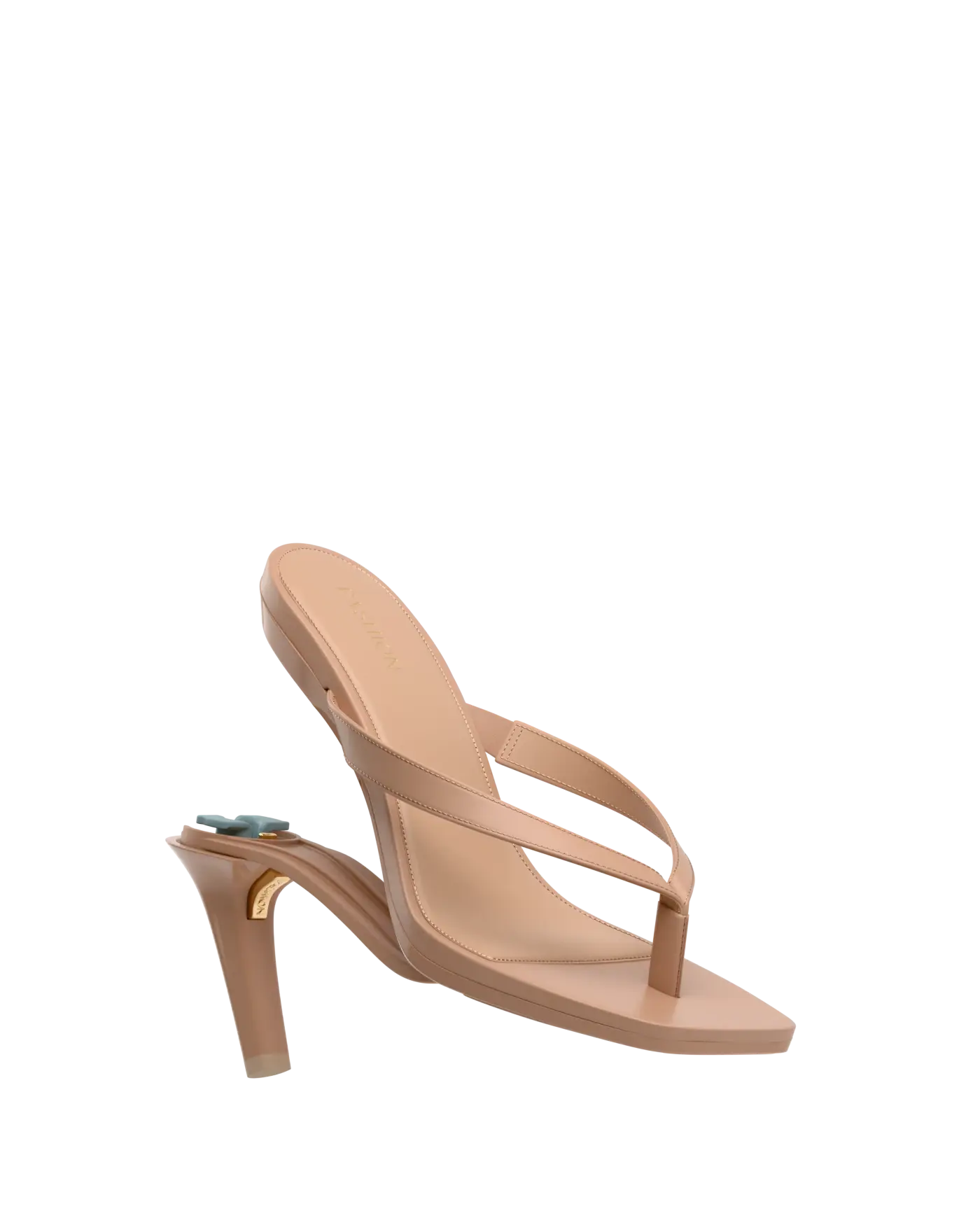 tan open toe thong style high heel convertible sandal with stiletto heel