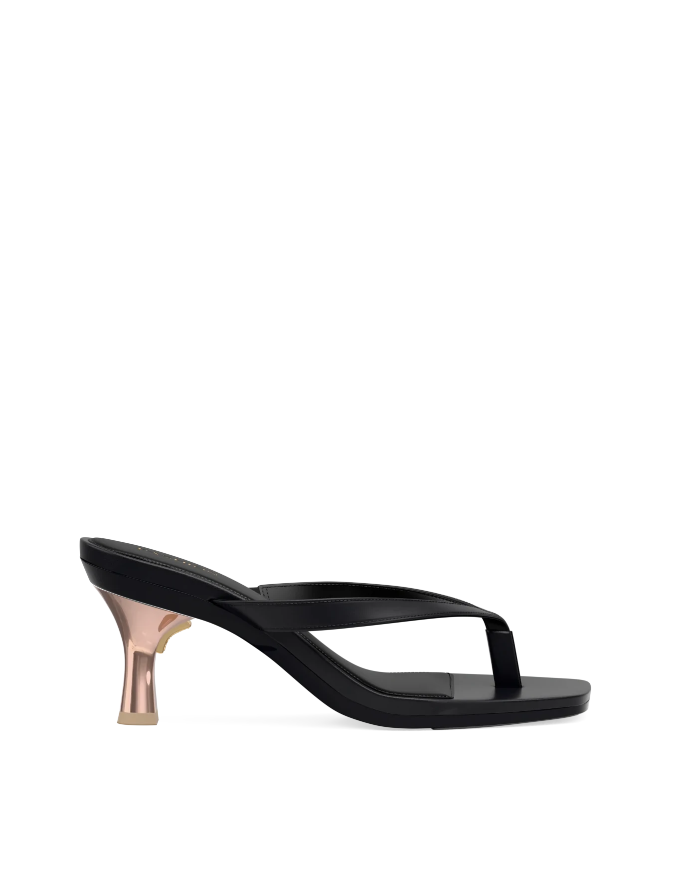 Flare Stiletto Heel Kit 3 Rose Gold Metallic shown on the Carmen Coal PU upper. Pashion convertible heels go from heel to flat and are customizable with interchangeable heel kits.