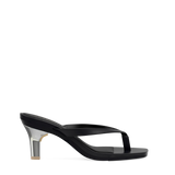 Stiletto Heel Kit 3 Silver Metallic shown on the Carmen Coal PU upper. Pashion convertible heels go from heel to flat and are customizable with interchangeable heel kits.