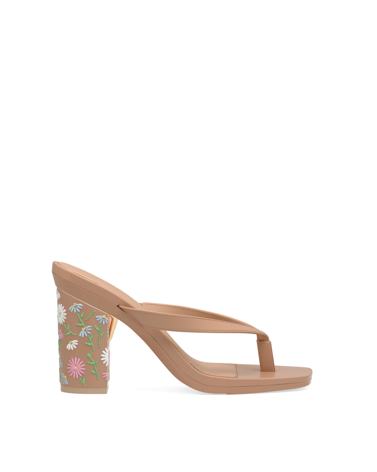 Block Heel Kit 4 Latte Daisy Embroidery shown on the Carmen Latte PU upper. Pashion convertible heels go from heel to flat and are customizable with interchangeable heel kits.