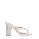 Block Heel Kit 4 Birthday Rhinestone shown on the Carmen White PU upper. Pashion convertible heels go from heel to flat and are customizable with interchangeable heel kits.