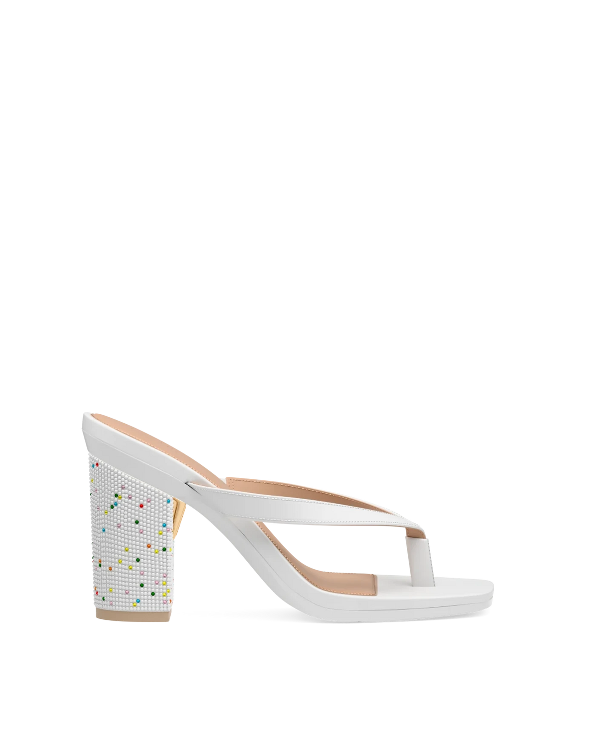 Block Heel Kit 4 Birthday Rhinestone shown on the Carmen White PU upper. Pashion convertible heels go from heel to flat and are customizable with interchangeable heel kits.