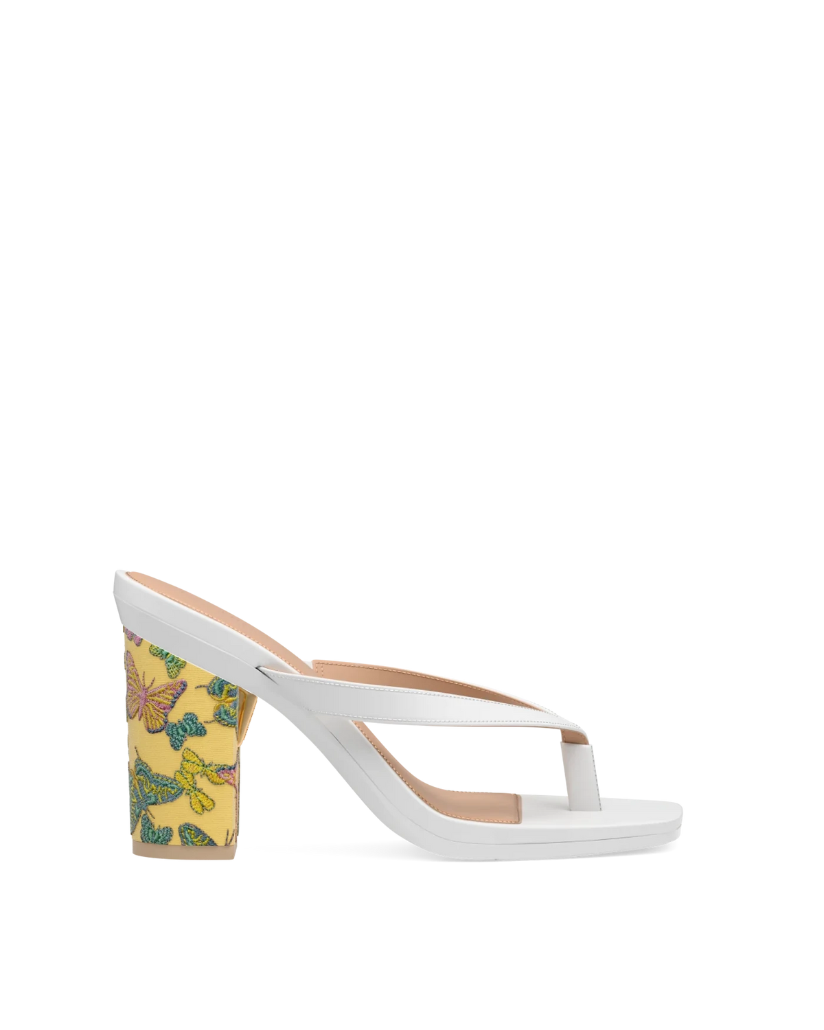 Block Heel Kit 4 Limoncello Butterfly Embroidery shown on the Carmen White PU upper. Pashion convertible heels go from heel to flat and are customizable with interchangeable heel kits.