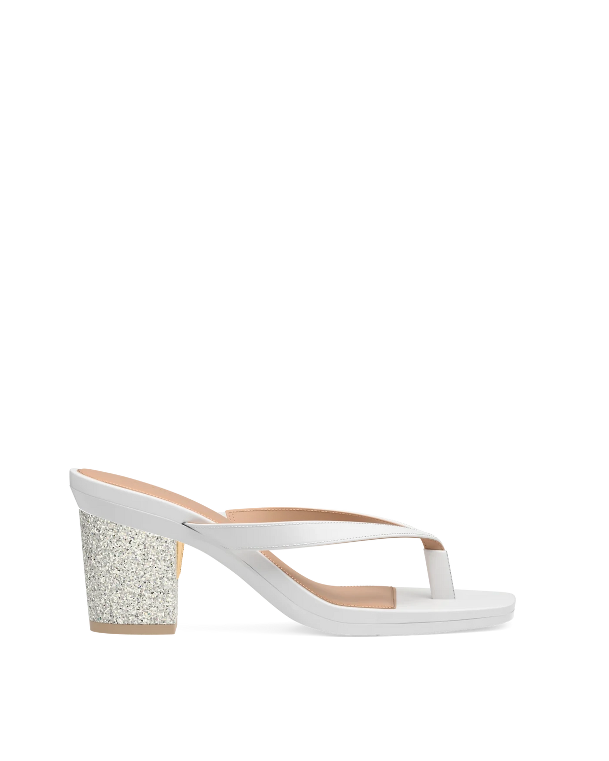 Block Heel Kit 3 Iridescent Glitter shown on the Carmen White PU upper. Pashion convertible heels go from heel to flat and are customizable with interchangeable heel kits.