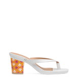 Block Heel Kit 3 Tangerine Deco Print shown on the Carmen White PU upper. Pashion convertible heels go from heel to flat and are customizable with interchangeable heel kits.