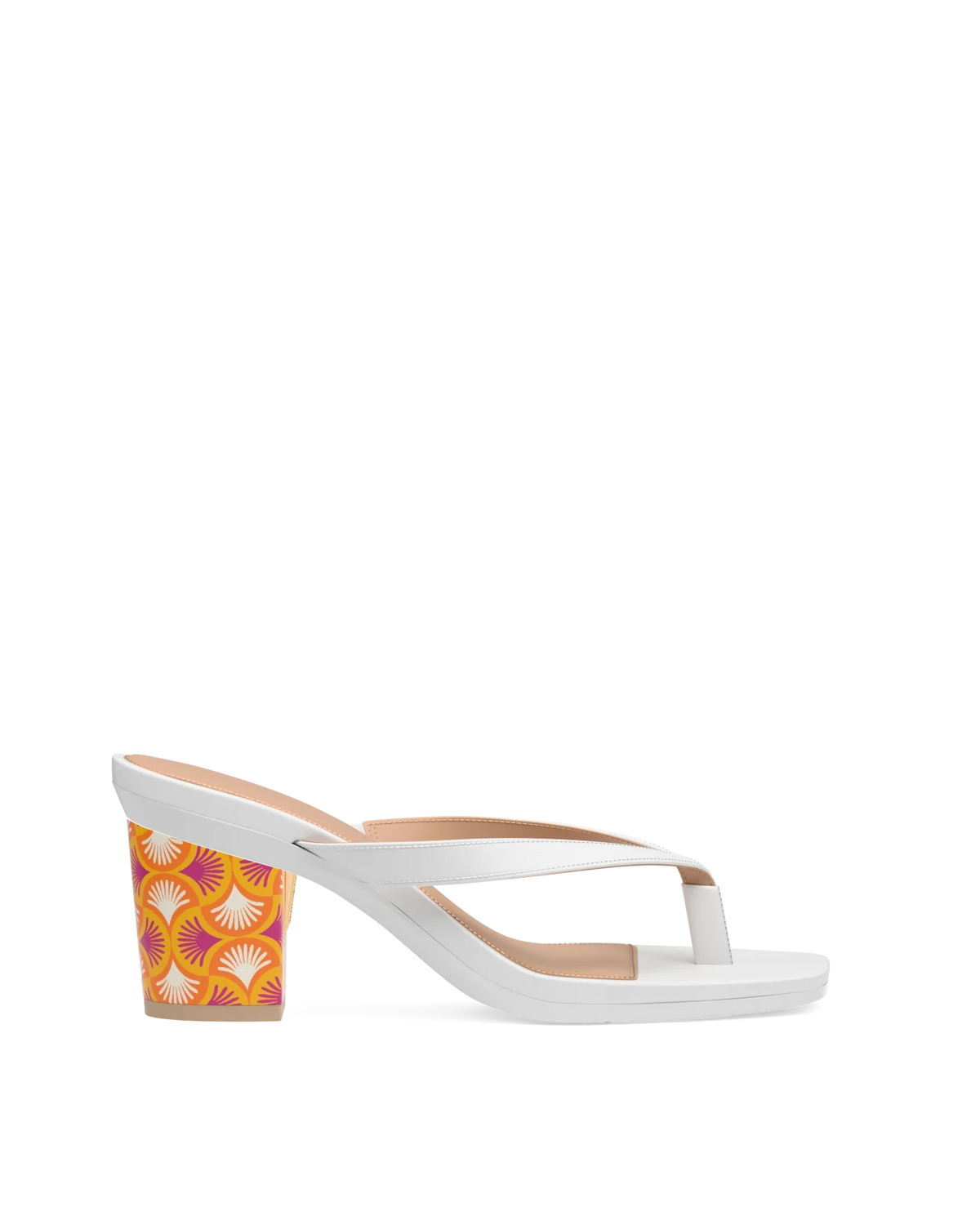 Block Heel Kit 3 Tangerine Deco Print shown on the Carmen White PU upper. Pashion convertible heels go from heel to flat and are customizable with interchangeable heel kits.