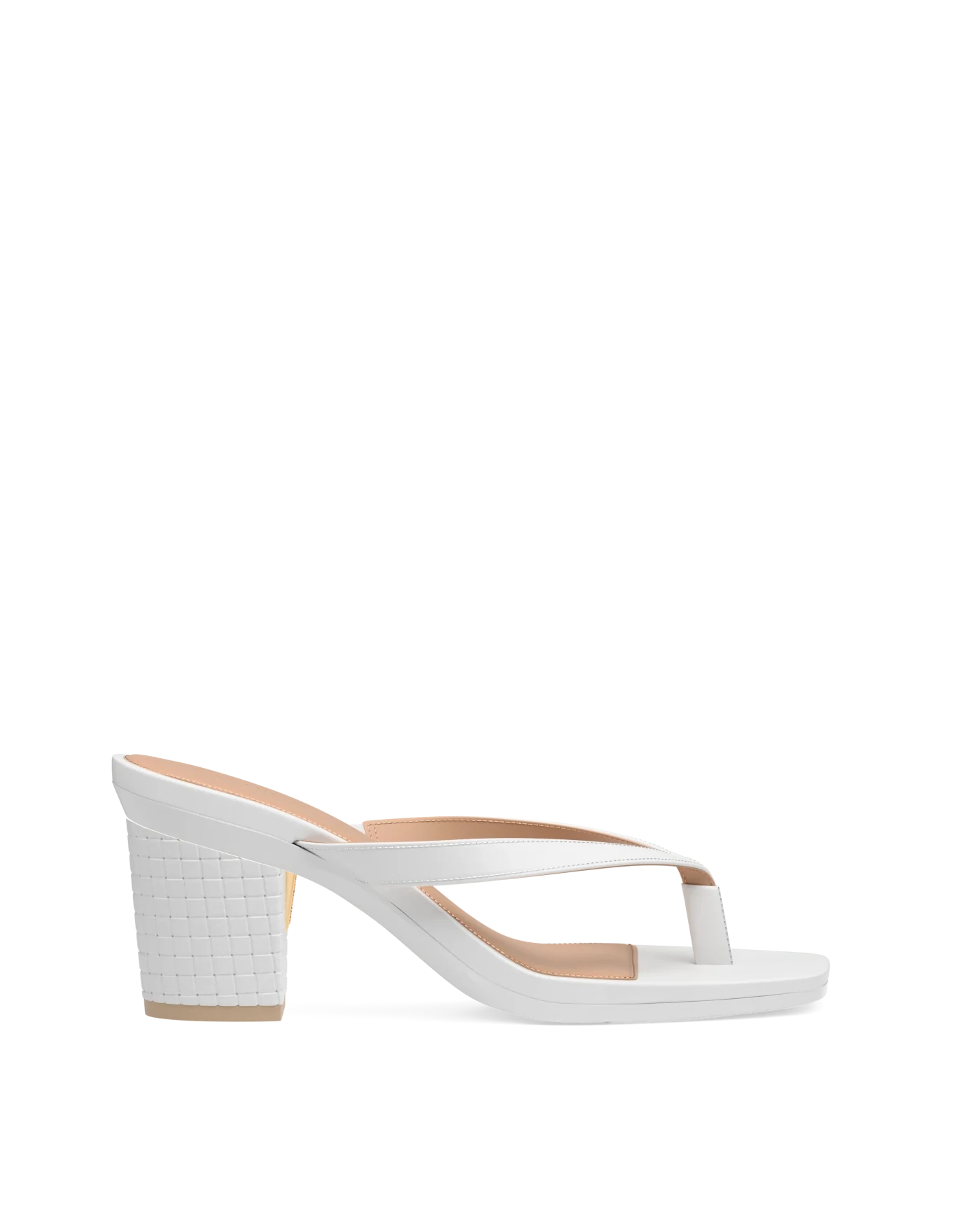Block Heel Kit 3 White Woven Leather shown on the Carmen White PU upper. Pashion convertible heels go from heel to flat and are customizable with interchangeable heel kits.