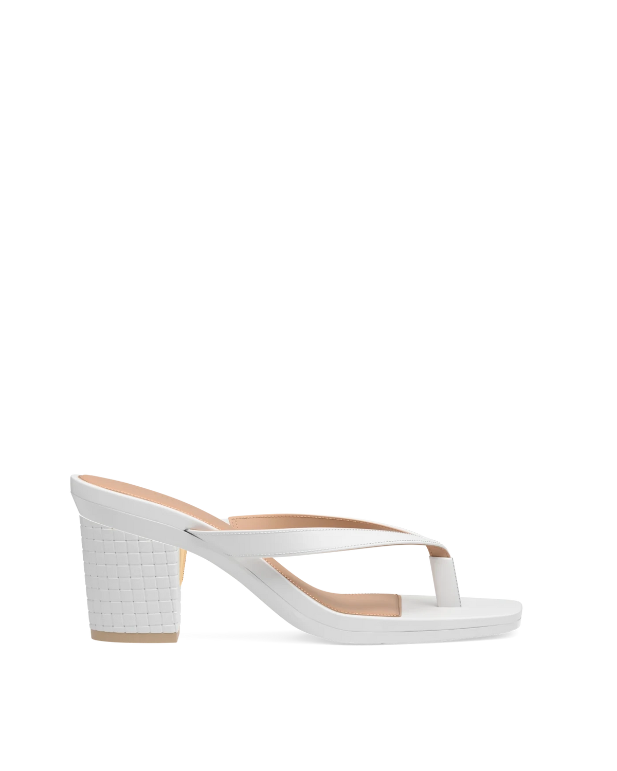 Block Heel Kit 3 White Woven Leather shown on the Carmen White PU upper. Pashion convertible heels go from heel to flat and are customizable with interchangeable heel kits.