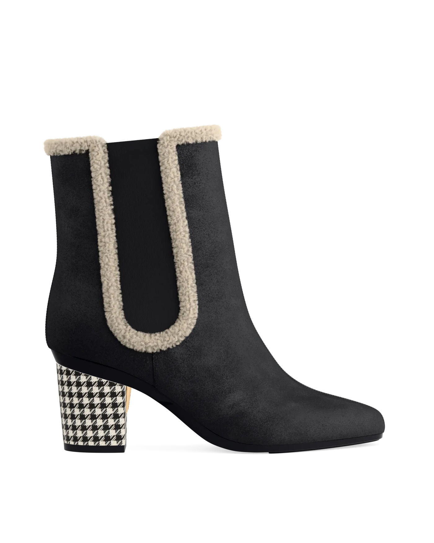Block Heel Kit 3 Coal Houndstooth shown on the Chelsea Coal Stretch Suede Sherpa upper. Pashion convertible heels go from heel to flat and are customizable with interchangeable heel kits.