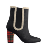 Block Heel Kit 4 Holiday Plaid shown on the Chelsea Coal Stretch Suede Sherpa upper. Pashion convertible heels go from heel to flat and are customizable with interchangeable heel kits.