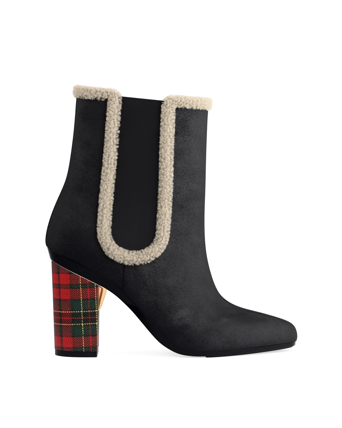 Block Heel Kit 4 Holiday Plaid shown on the Chelsea Coal Stretch Suede Sherpa upper. Pashion convertible heels go from heel to flat and are customizable with interchangeable heel kits.