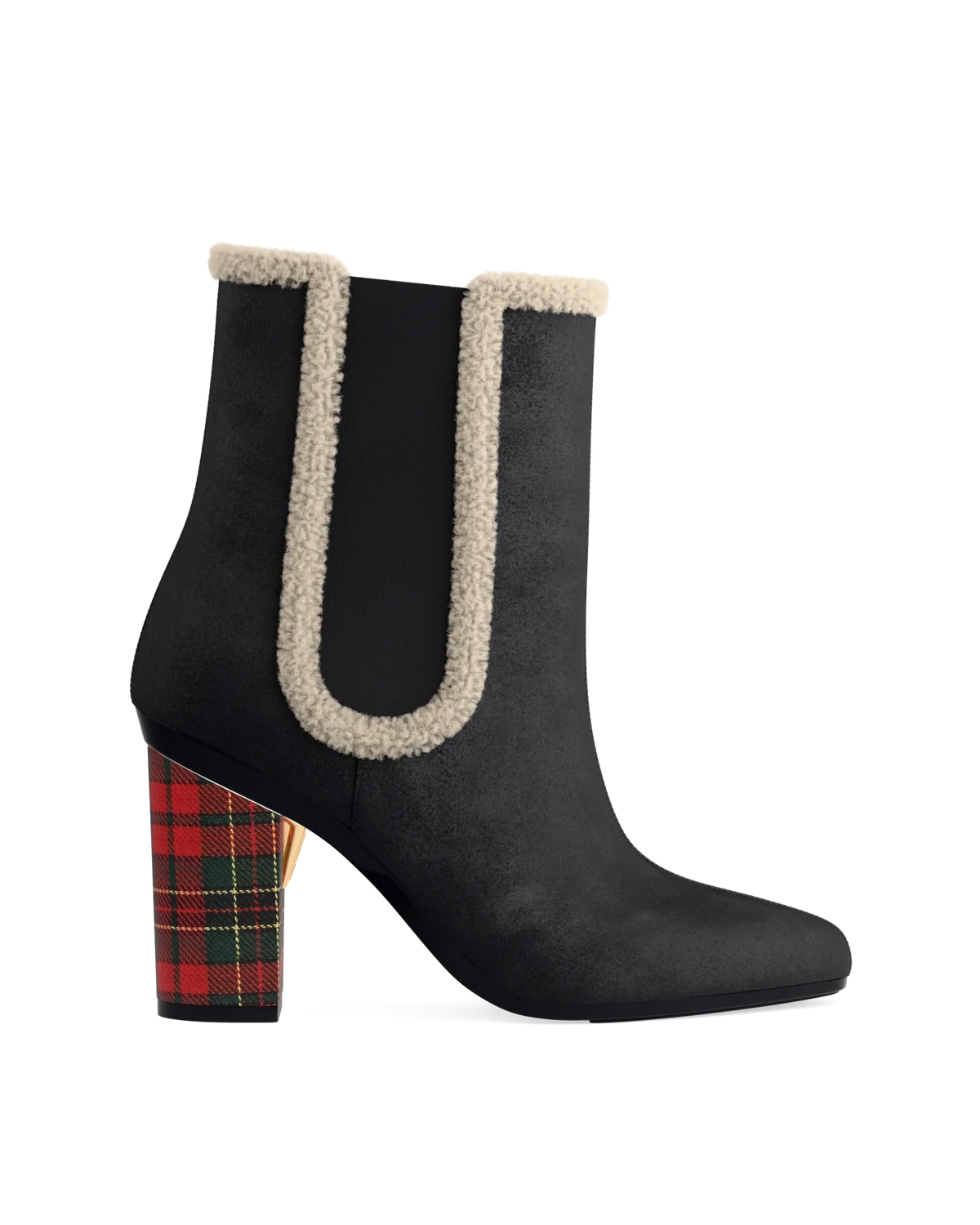 Block Heel Kit 4 Holiday Plaid shown on the Chelsea Coal Stretch Suede Sherpa upper. Pashion convertible heels go from heel to flat and are customizable with interchangeable heel kits.