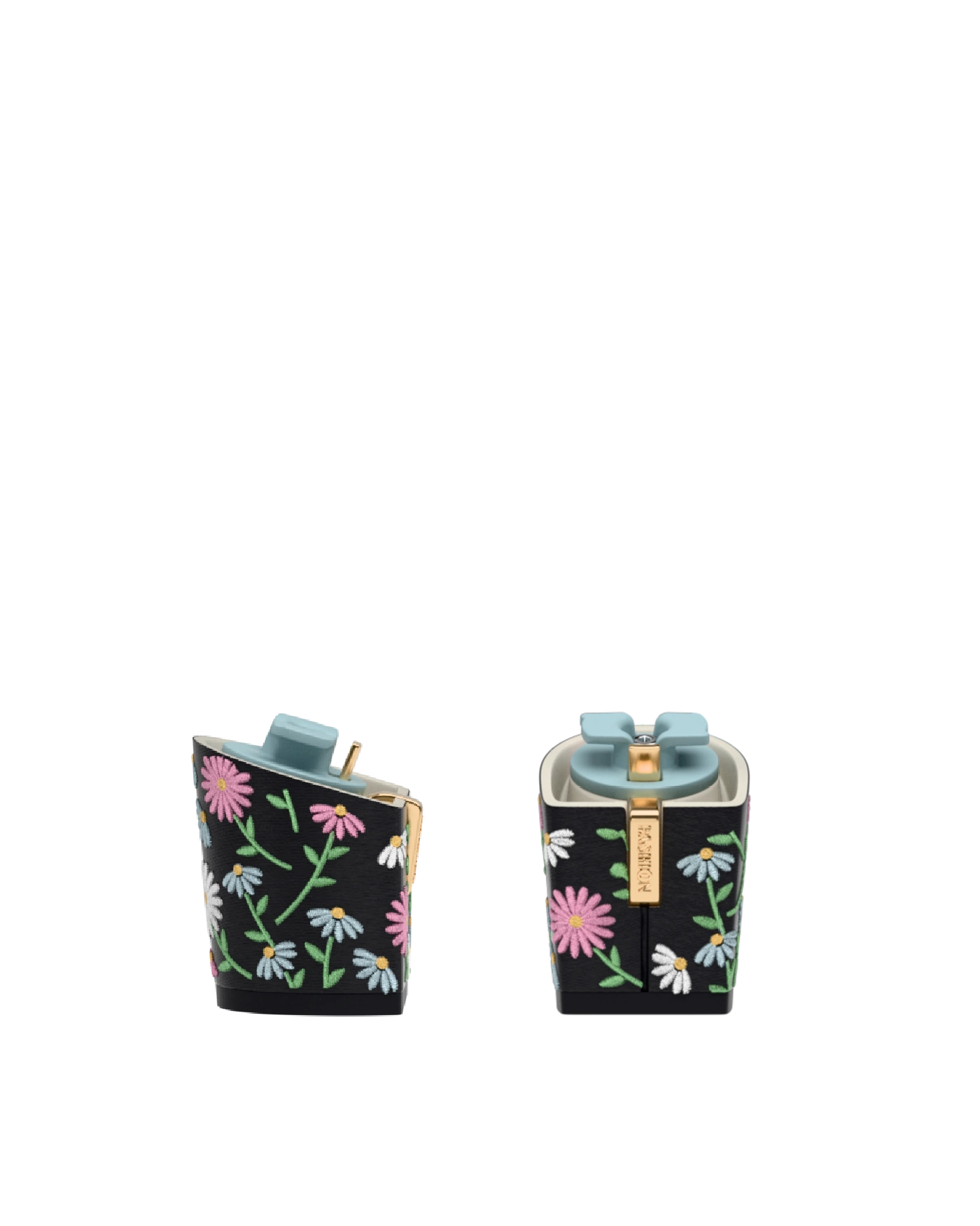 Block Heel Kit 3 Coal Daisy Embroidery, 3-inch interchangeable block heel, side view. Pashion convertible heels go from heel to flat and are customizable with interchangeable heel kits.