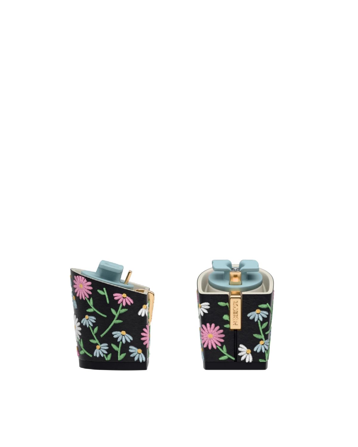 Block Heel Kit 3 Coal Daisy Embroidery, 3-inch interchangeable block heel, side view. Pashion convertible heels go from heel to flat and are customizable with interchangeable heel kits.