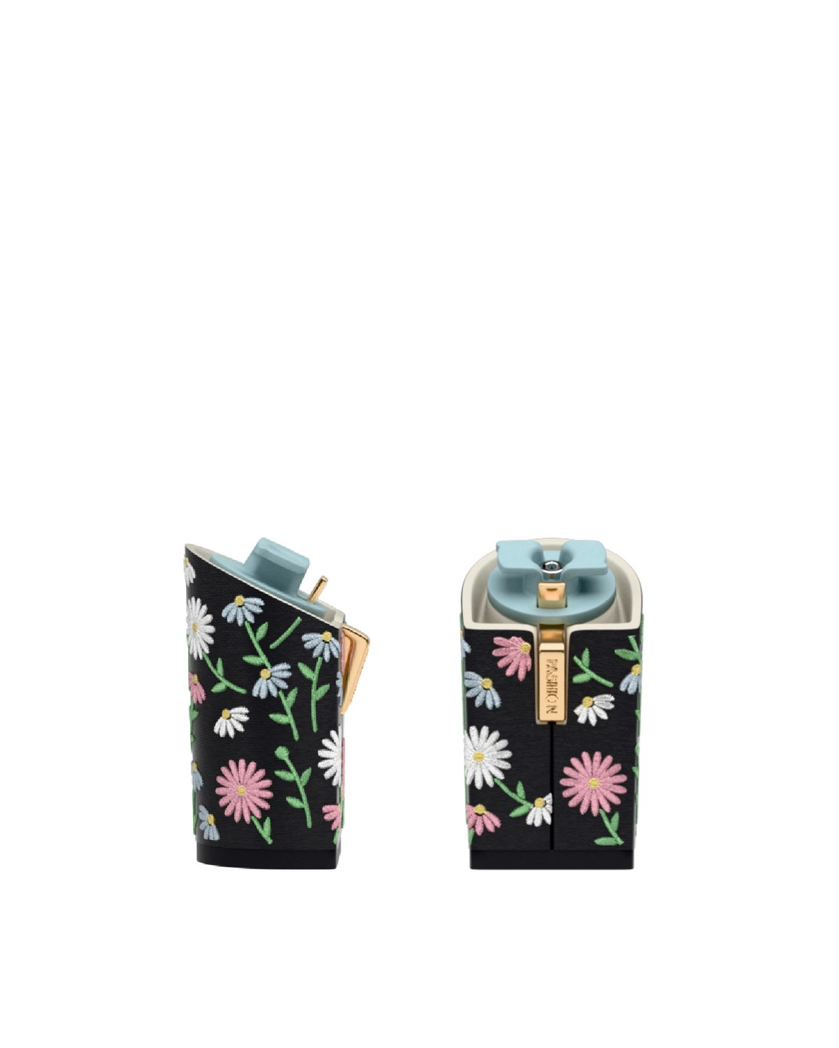 Block Heel Kit 4 Coal Daisy Embroidery, 4-inch interchangeable block heel, side view. Pashion convertible heels go from heel to flat and are customizable with interchangeable heel kits.