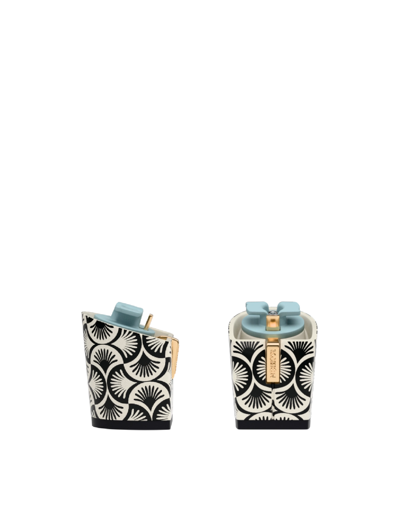 Block Heel Kit 3 Coal Deco Print, 3-inch interchangeable block heel, side view. Pashion convertible heels go from heel to flat and are customizable with interchangeable heel kits.
