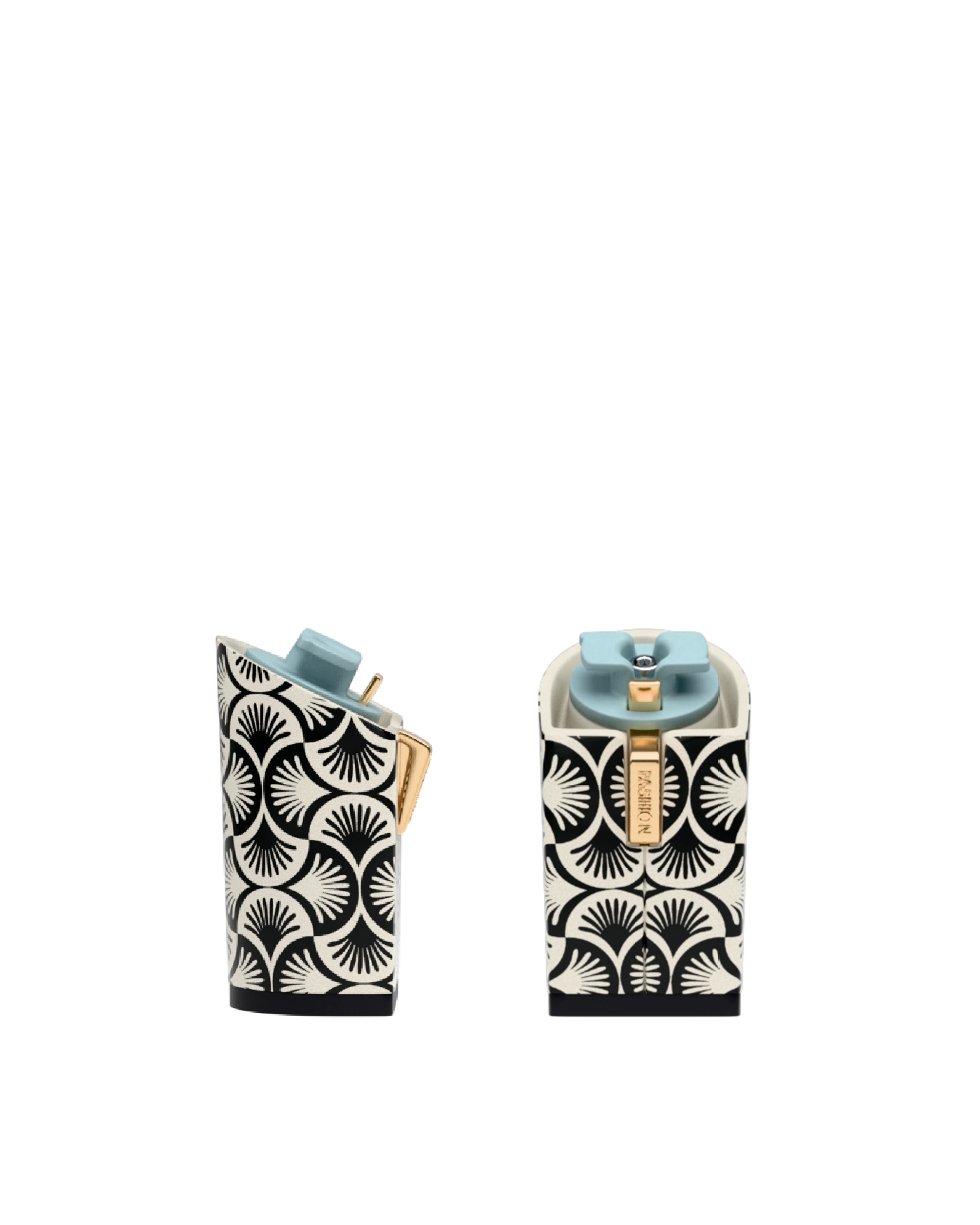 Block Heel Kit 4 Coal Deco Print, 4-inch interchangeable block heel, side view. Pashion convertible heels go from heel to flat and are customizable with interchangeable heel kits.