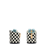 Cylinder Block Heel Kit 3 Checker Coal & Ivory, 3-inch interchangeable cylinder block heel, side view. Pashion convertible heels go from heel to flat and are customizable with interchangeable heel kits.