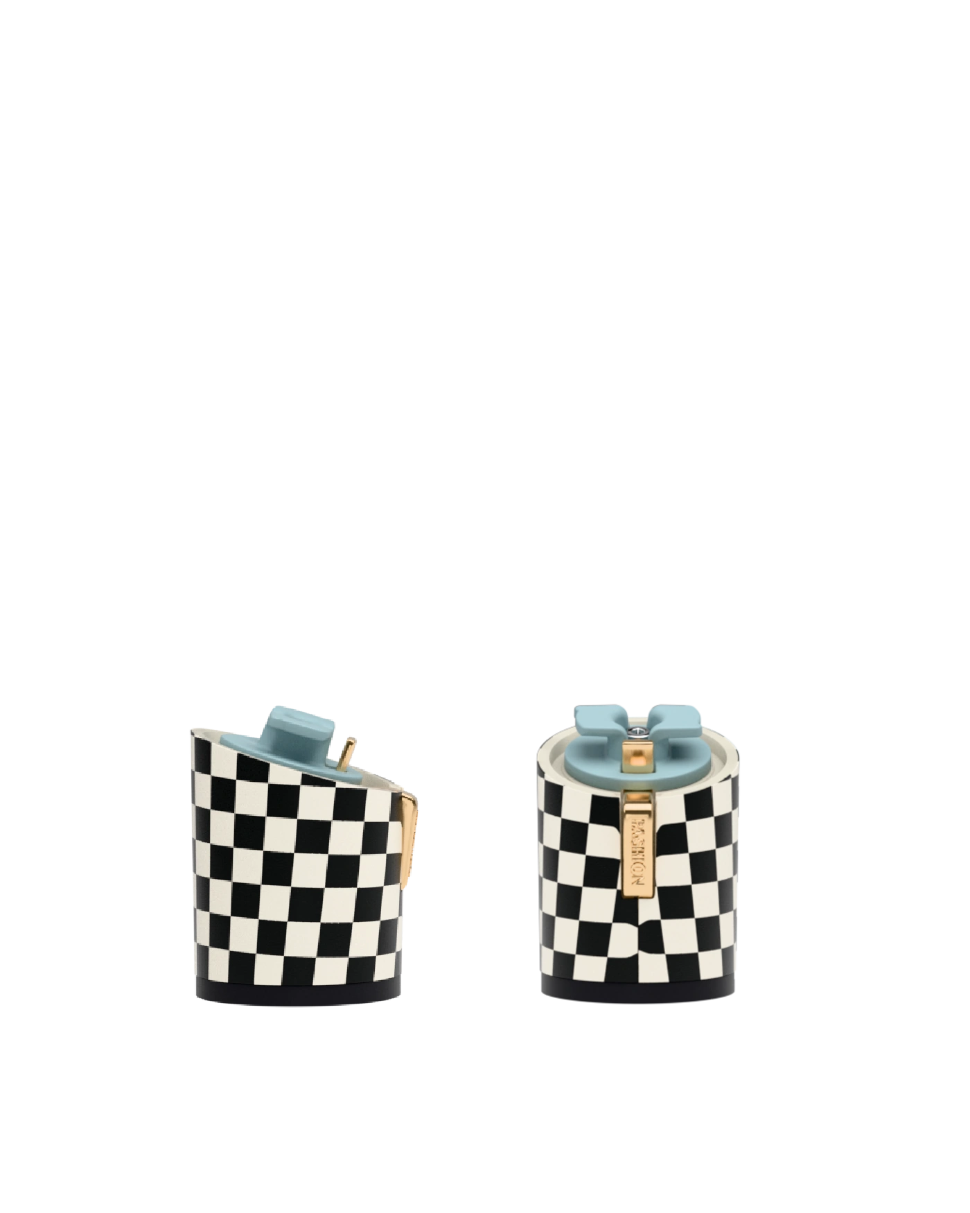 Cylinder Block Heel Kit 3 Checker Coal & Ivory, 3-inch interchangeable cylinder block heel, side view. Pashion convertible heels go from heel to flat and are customizable with interchangeable heel kits.